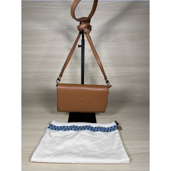 Tory Burch Pebbled Leather Camel Wallet Crossbody Gold Hardware Adjust Strap NWT